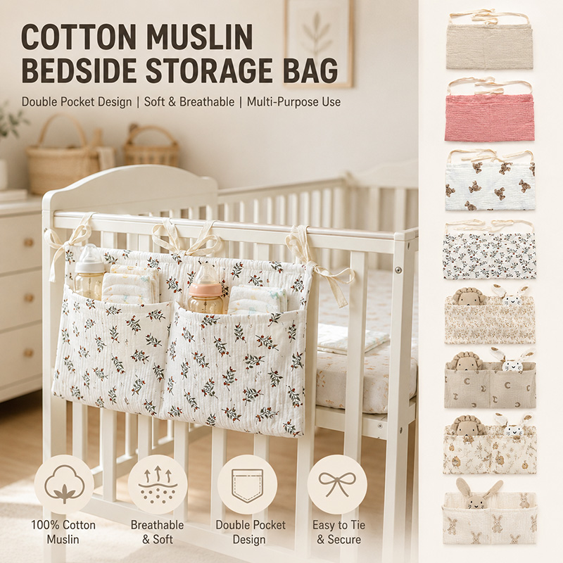 Baby Nursery Organiser - Muslin Baby Crib Organizer Cotton Bedside