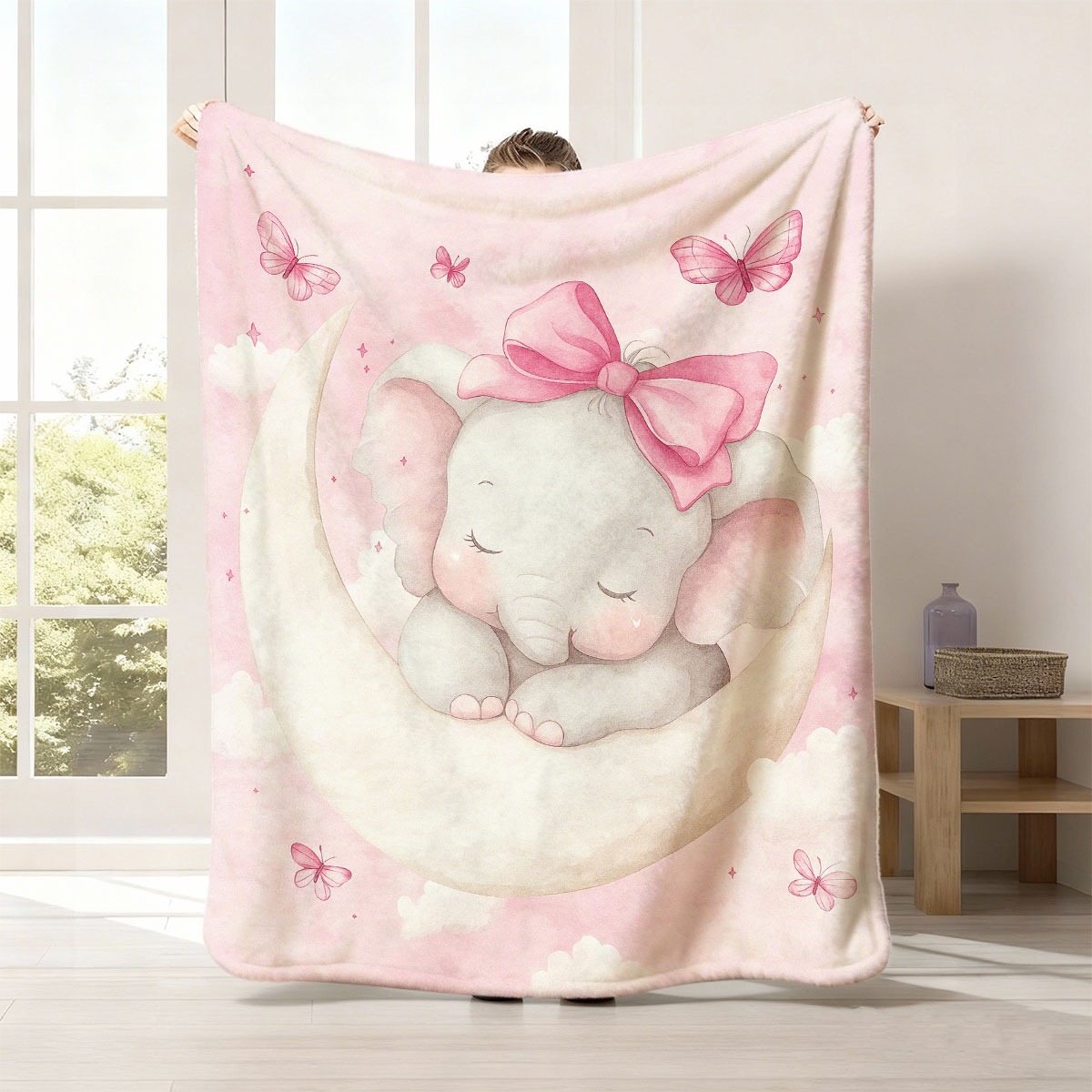 Baby Nursery Keepsake - Plush Baby Elephant Moon Blanket Throw