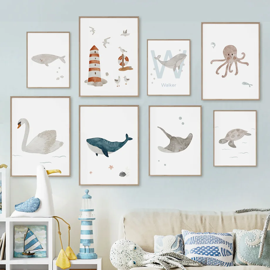 Baby Nursery Ocean - Name Whale Octopus Turtle Swan Sea
