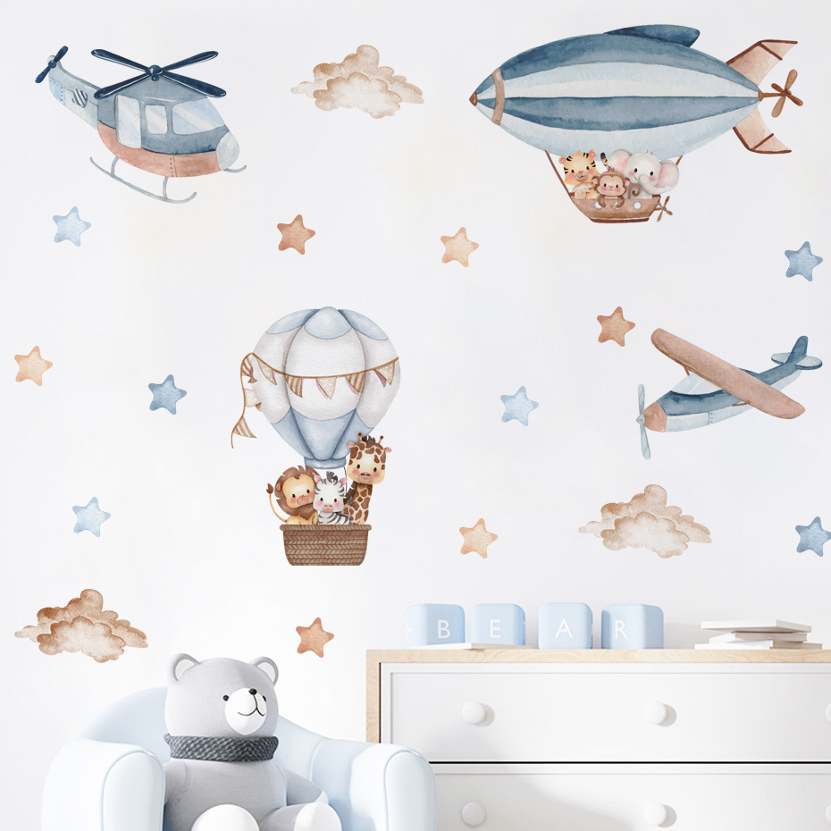 Baby Nursery Package - Watercolor Animals Hot Air Balloon Clouds