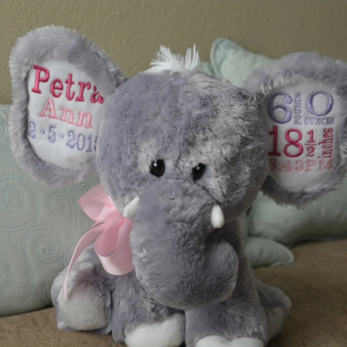 Baby Nursery Keepsake - Custom Birth Stats Elephant Plush –