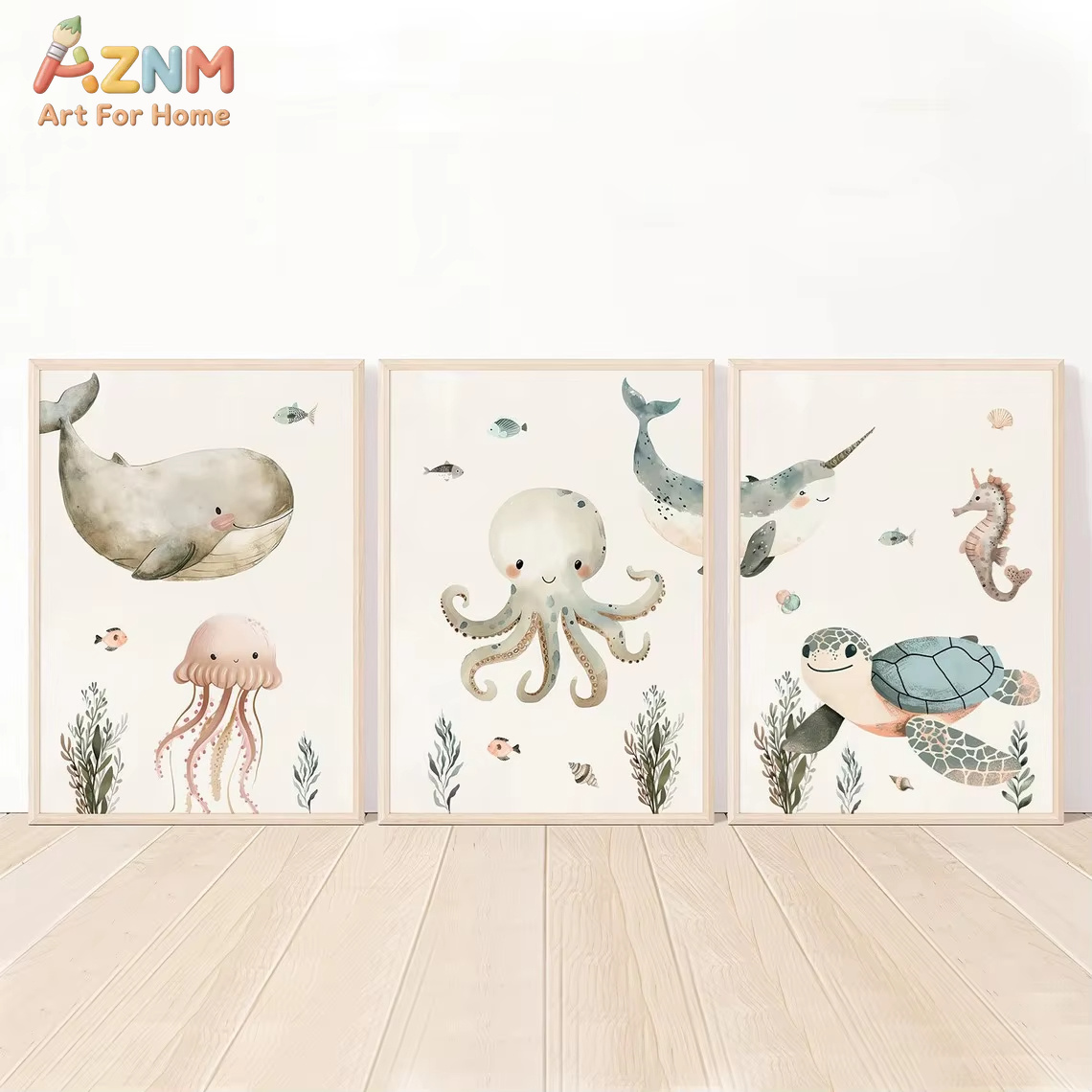 AZNM Watercolor Cute Ocean Ani - Baby Nursery Ocean 评论和价格
