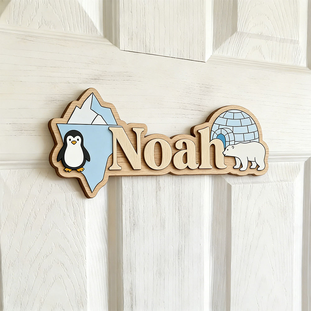 Arctic Penguin & Polar Bear Cu - Baby Nursery Name Sign 评论和价格