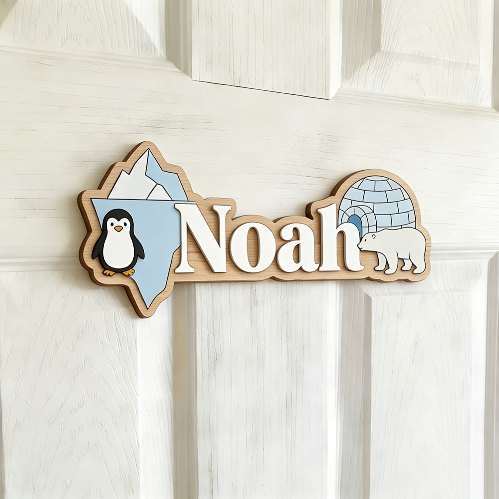Arctic Penguin & Polar Bear Cu - Baby Nursery Name Sign 评论和价格