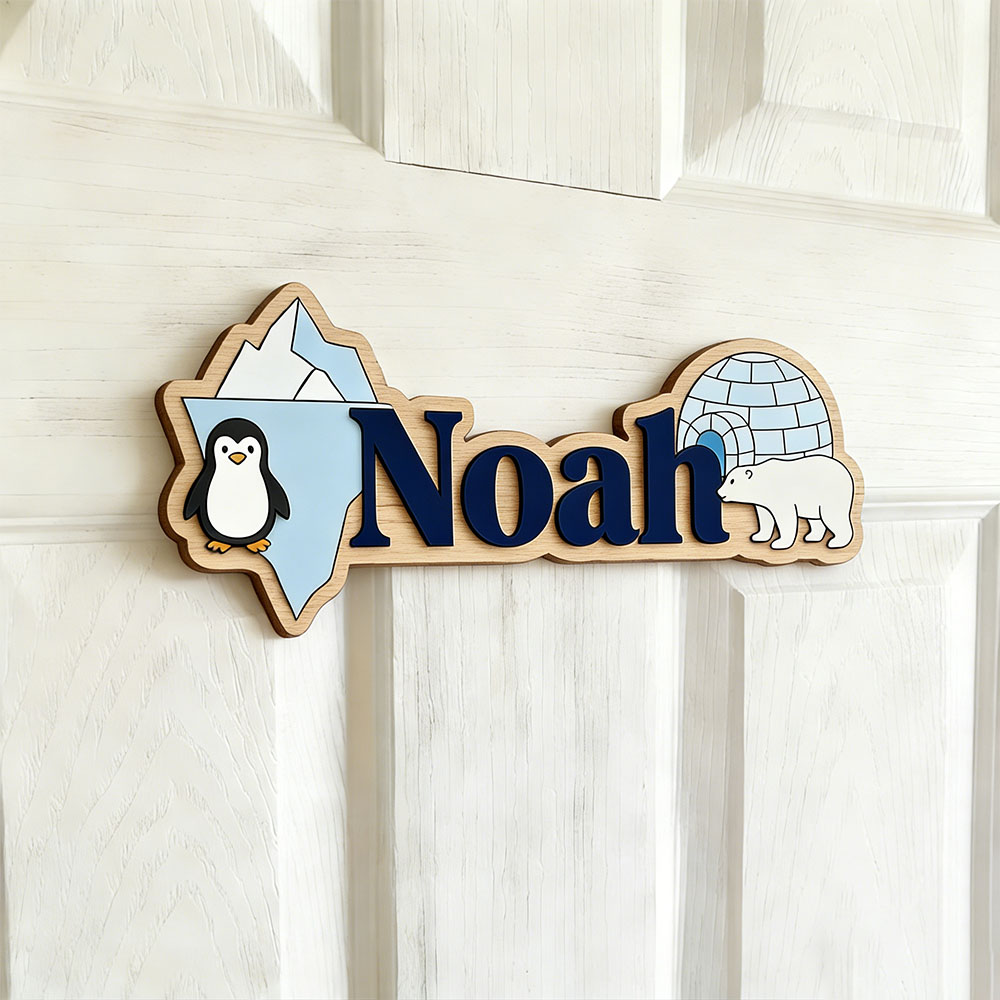 Arctic Penguin & Polar Bear Cu - Baby Nursery Name Sign 评论和价格