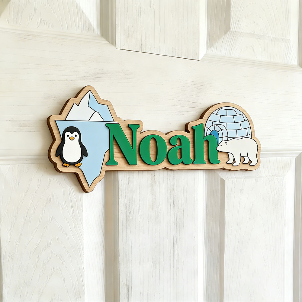 Arctic Penguin & Polar Bear Cu - Baby Nursery Name Sign 评论和价格