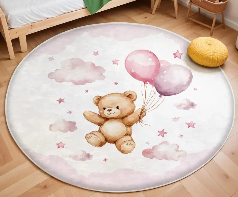 Pink Balloon Bear Cloud Round  - Soft Rug Nursery 评论和价格