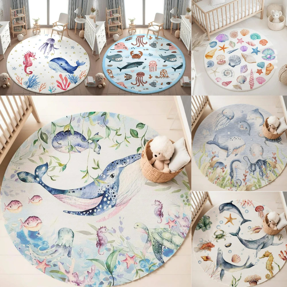 Blue Marine animal Round Carpe - Soft Rug Nursery 评论和价格