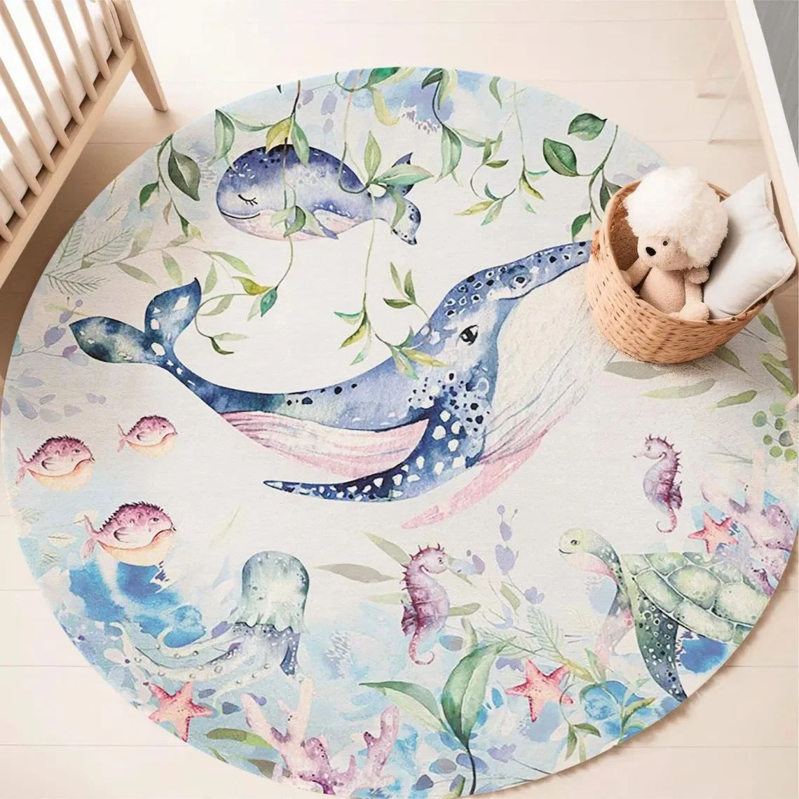 Blue Marine animal Round Carpe - Soft Rug Nursery 评论和价格
