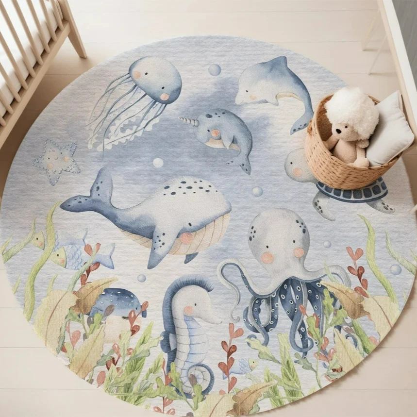 Blue Marine animal Round Carpe - Soft Rug Nursery 评论和价格